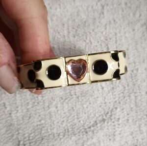 Goldtone white black spots pink crystal heart ♥ hinged bracelet